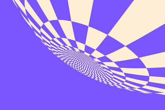 Optical illusion white checker 3d. Chess background time hole vector. Spiral line pattern deep trippy tunnel warp distort vortex, check psychedelic board.