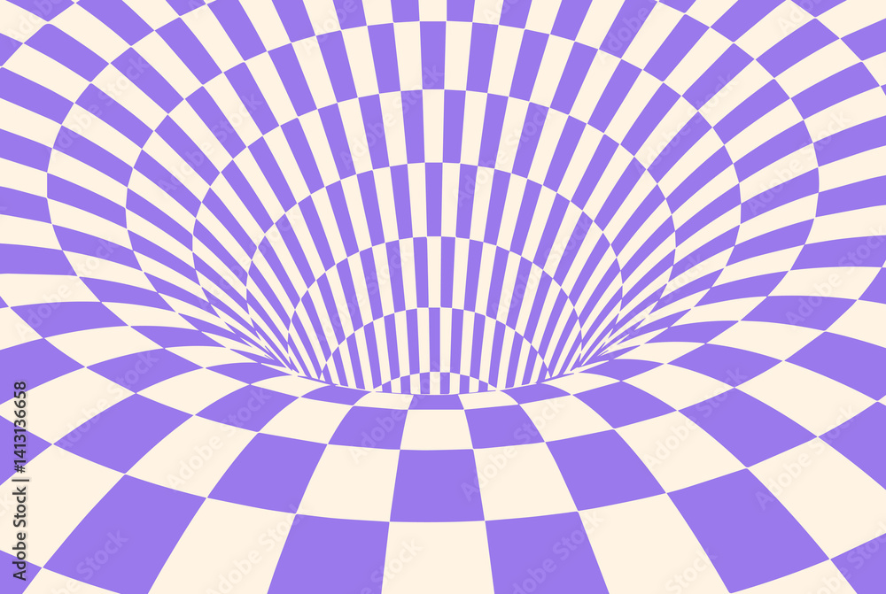 Poster optical illusion white checker 3d. chess background time hole vector. spiral line pattern deep tripp
