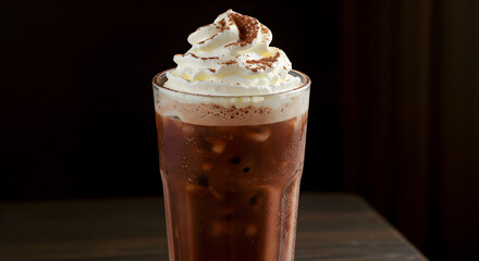 Iced Chocolate Delight With Whipped Cream Topping On Dark Background
