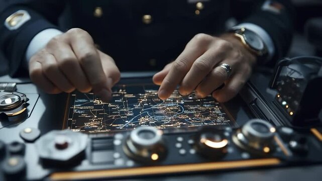 In a bustling air traffic control center at night, an expert controller focuses intently on a digital map, coordinating flight paths with precision.