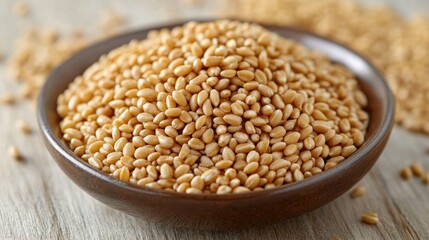 Naklejka premium Pile of whole wheat grains in a bowl. Close-up view of nutritious, unprocessed wheat kernels. Healthy food source
