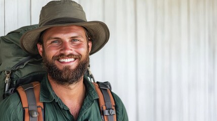 Fototapeta premium A man with a beard and a green hat is smiling and wearing a backpack