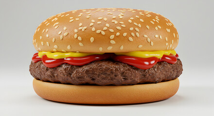 Classic Sesame Seed Burger With Ketchup and Mustard Close-Up View