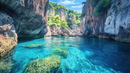 A hidden lagoon with clear blue water, surrounded by towering cliffs --ar 16:9 --v 6.1 Job ID: acaab85b-ba40-4020-b53b-36c7da697955