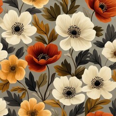 Floral Pattern with Colorful Anemones and Leaves on a Gray Background