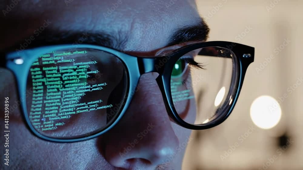 Poster Programmer wearing sleek glasses reflecting lines of code while working on advanced augmented reality software development in contemporary tech environment