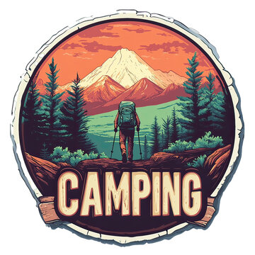 Camping Adventure Emblem with Nature Icons &ndash; Vintage Wilderness Badge Featuring Hiking, Survival Elements, Mountains, Trees, and Outdoor Gear Design for Scouts and Explorers