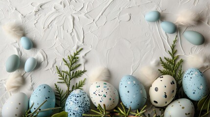 Fototapeta premium Easter flat lay speckled eggs pastel blue painted eggs soft bunny tails and fresh greenery on a white textured background Natural lighting minimal decoration elegant seasonal layout