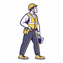 Construction Worker Illustration Wearing Hard Hat Safety Vest And Holding Toolbox