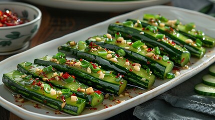 Chinese stir fried bitter melon garlic arranged neatly on a white ceramic platter