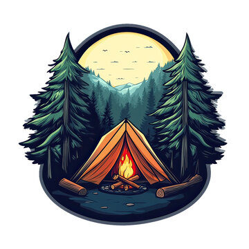 Camping Adventure Emblem with Nature Icons &ndash; Vintage Wilderness Badge Featuring Hiking, Survival Elements, Mountains, Trees, and Outdoor Gear Design for Scouts and Explorers