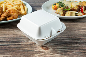 A view of a styrofoam clamshell food container.