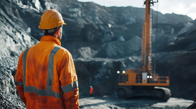 Mining worker monitoring drilling progress at a mining site. Featuring drilling operation and site inspection