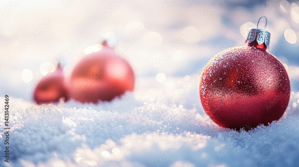 Poster shiny red christmas ornaments on snowy background with bokeh effect