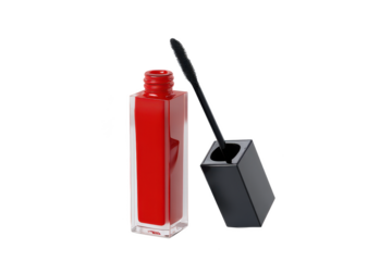 Scarlet Charm: A Modern Take on Beauty - Bold Red Mascara Bottle with Sleek Black Applicator, Ready to Enhance Your Natural Lash Line.