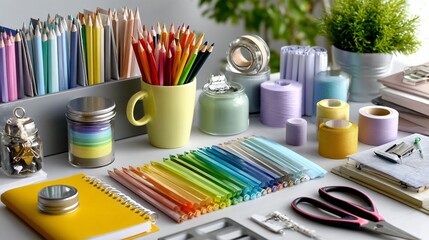 Colorful Office Supplies and Stationery Arrangement for Creative Workspace Inspiration