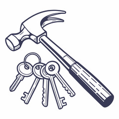 Hammer And A Bunch Of Keys Representing Security Hand Drawn Style