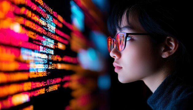 Young woman engrossed in code
