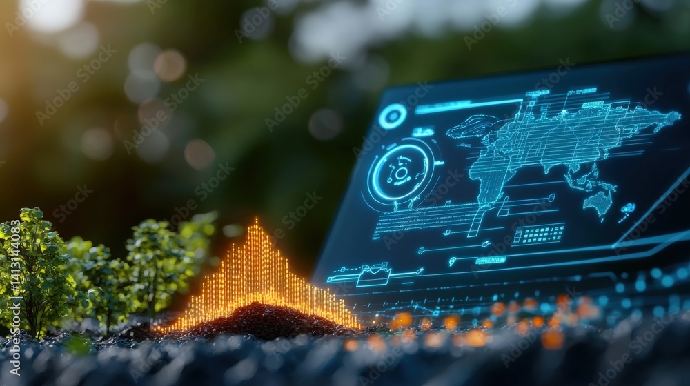 Poster data visualization event analyzing global trends outdoor setting digital display nature background