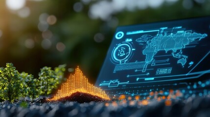 Data visualization event analyzing global trends outdoor setting digital display nature background