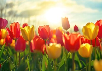 Sunlit Tulip Field. Vivid red and yellow tulips under a bright sky. Applications: spring-themed campaigns, greeting cards, or travel promotions.