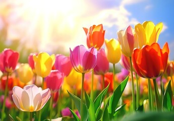 Sunlit Tulip Field. Vivid red and yellow tulips under a bright sky. Applications: spring-themed campaigns, greeting cards, or travel promotions.