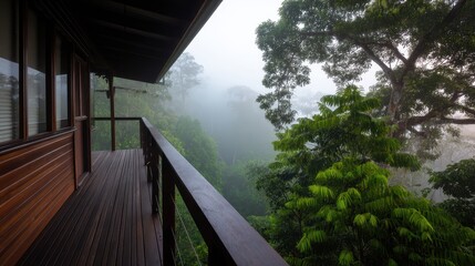 Serene misty morning view from a wooden balcony overlooking lush green forest foliage