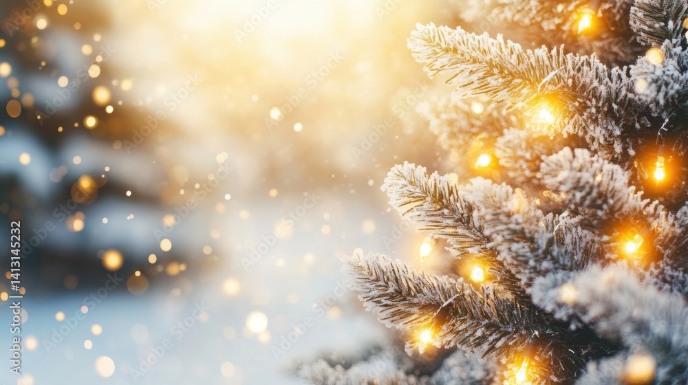 Poster snowy christmas tree with warm lights and soft bokeh background