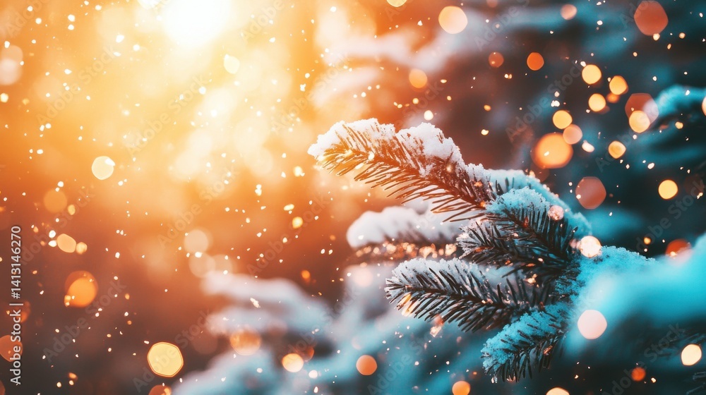 Aufkleber snowy pine branch with soft background and sparkling bokeh lights