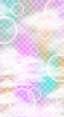 Soft and colorful vector background with transparent clouds and glowing circles on pastel rainbow gradient. Ideal design for Instagram stories, social media posts, digital banners and mobile screens.
