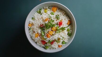 Fluffy Rice with Vibrant Vegetables and Fresh Herbs in a Black Bowl on a Green Surface