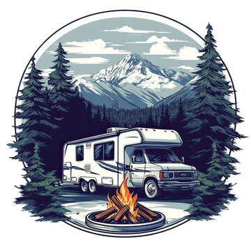 Camping Adventure Emblem with Nature Icons &ndash; Vintage Wilderness Badge Featuring Hiking, Survival Elements, Mountains, Trees, and Outdoor Gear Design for Scouts and Explorers