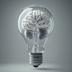Illuminated Light Bulb with a Human Brain as a Filament Symbolizing Creative Thinking and Innovation