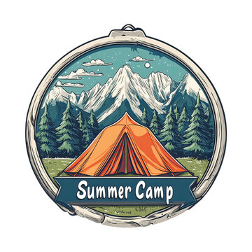Camping Adventure Emblem with Nature Icons &ndash; Vintage Wilderness Badge Featuring Hiking, Survival Elements, Mountains, Trees, and Outdoor Gear Design for Scouts and Explorers