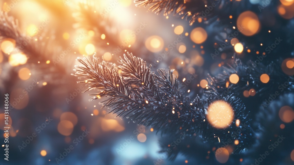 Poster soft focus on spruce branch with bokeh lights in winter scene