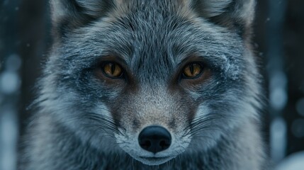 Close-up of a fox in winter, with intense gaze.  Fluffy fur, amber eyes, and snow-dusted features.  Wild, majestic portrait in a snowy forest