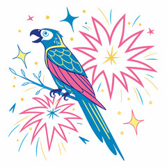 Festive Macaw Parrot Perched On Branch Amidst Colorful Fireworks Celebratory Design