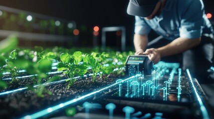 Obraz premium Innovative farming technology enhancing crop growth indoor garden digital agriculture futuristic environment close-up sustainability