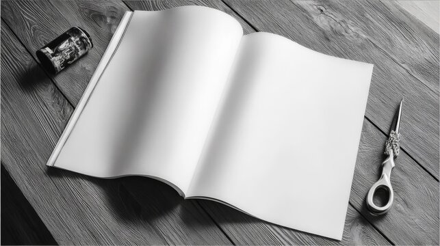 Open blank magazine with scissors and cup on wooden table surface in grayscale.. - Powered by Adobe