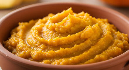 Creamy Sweetness: Close-Up of Deliciously Mashed Pumpkin Serving in an Earthenware
