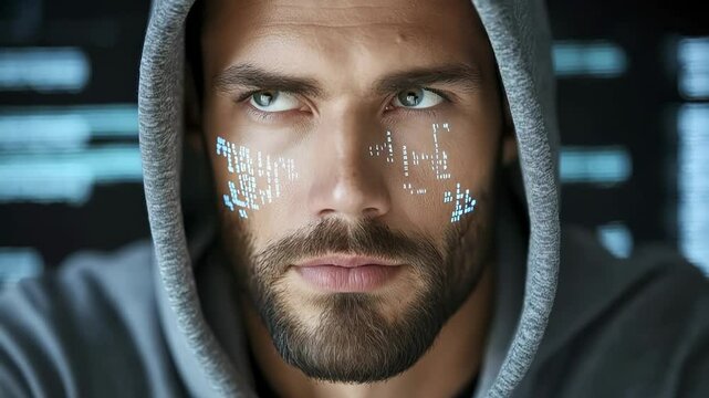 A skilled coder stares intently at glowing screens in a dark room, with binary code reflecting in his piercing eyes.