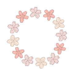Vector frame with sakura flowers. Round wreath with pink flowers. Vector graphics, color illustration. Cute pink flowers, design and decoration. Festive invitations with space for text, greeting card.