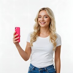 Fototapeta premium A confident and friendly young professional holds a pink smartphone, smiling warmly. Dressed casually in a white shirt and jeans, she exudes approachability, energy, and modern expertise.