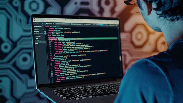 Computer programmer working on source code using javascript language on a laptop in a dark room with a futuristic circuit board pattern wallpaper