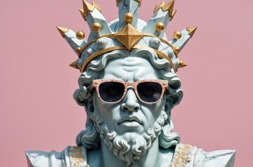 Naklejka premium Crowned statue wearing sunglasses stands against a vibrant pink backdrop in an outdoor setting