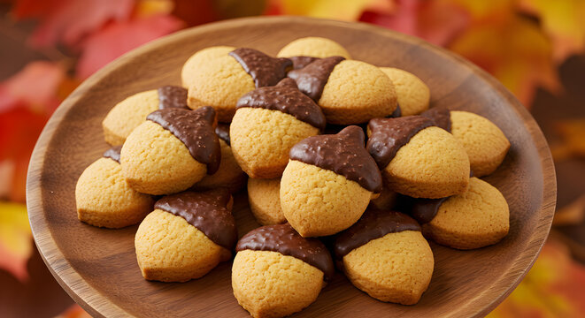Delicious Acorn Shaped Cookies With Chocolate Coating For Autumn Season Treats