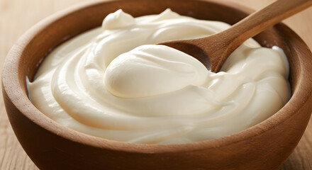 Creamy Yogurt With Wooden Spoon Displayed in Rustic Bowl Close Up