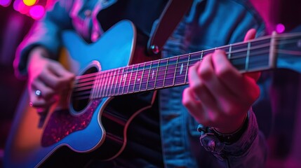 Naklejka premium Close-up of a person playing an acoustic guitar. A musician's hands expertly strumming strings on a vibrant blue guitar. Bright, colorful lighting creates a lively performance atmosphere