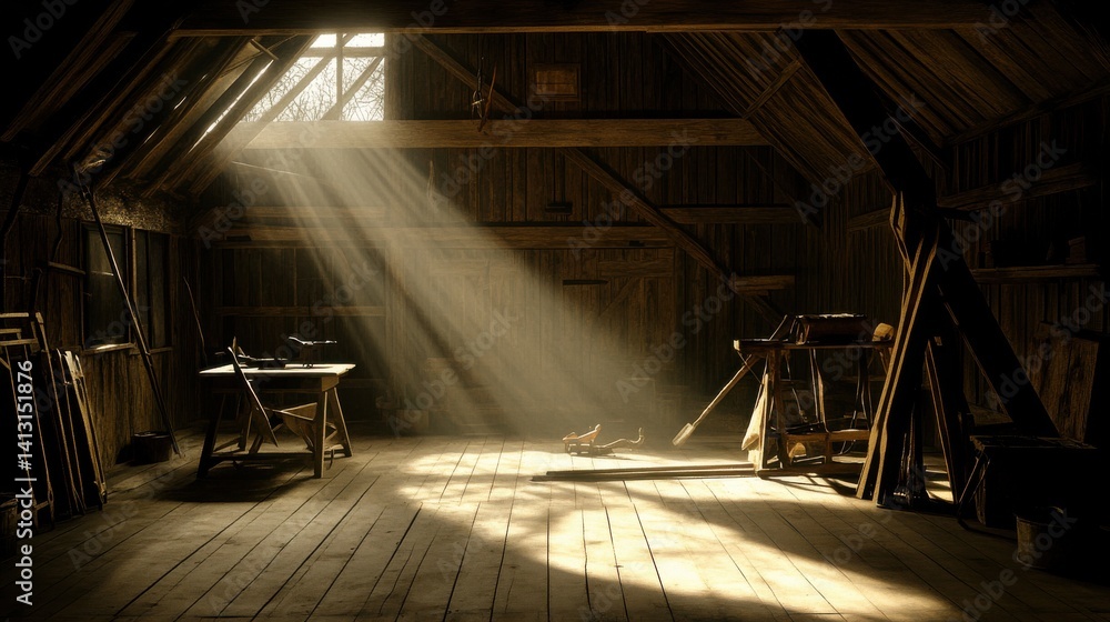 Poster sunlight streaming through window in rustic wooden workshop