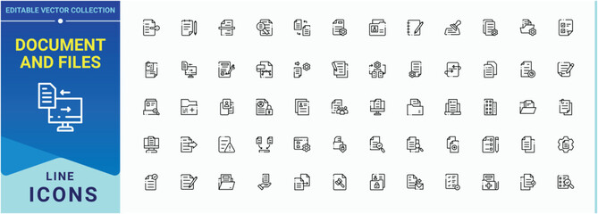 Document And Files icon set. Containing page, paper, text, list, form, file and more. Minimalist icons pack. File icon set. Art and illustration.